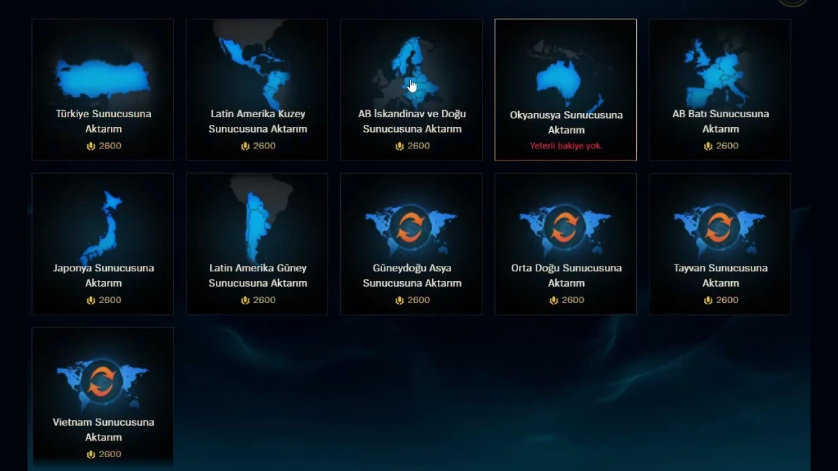 League of Legends b&ouml;lge değiştirme